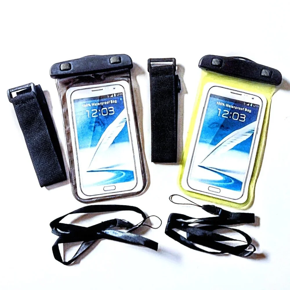 2 Pk Waterproof Universal Cell Phone Pouch (Lanyard +Arm Band) ~ Smoke & Yellow